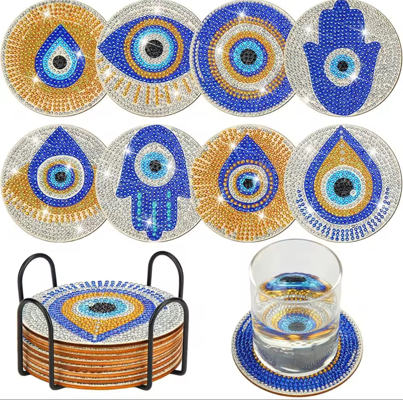 🧿 Porta-Copos brilho ponto Olho Grego (8 peças + Suporte) – Monte Você Mesmo!