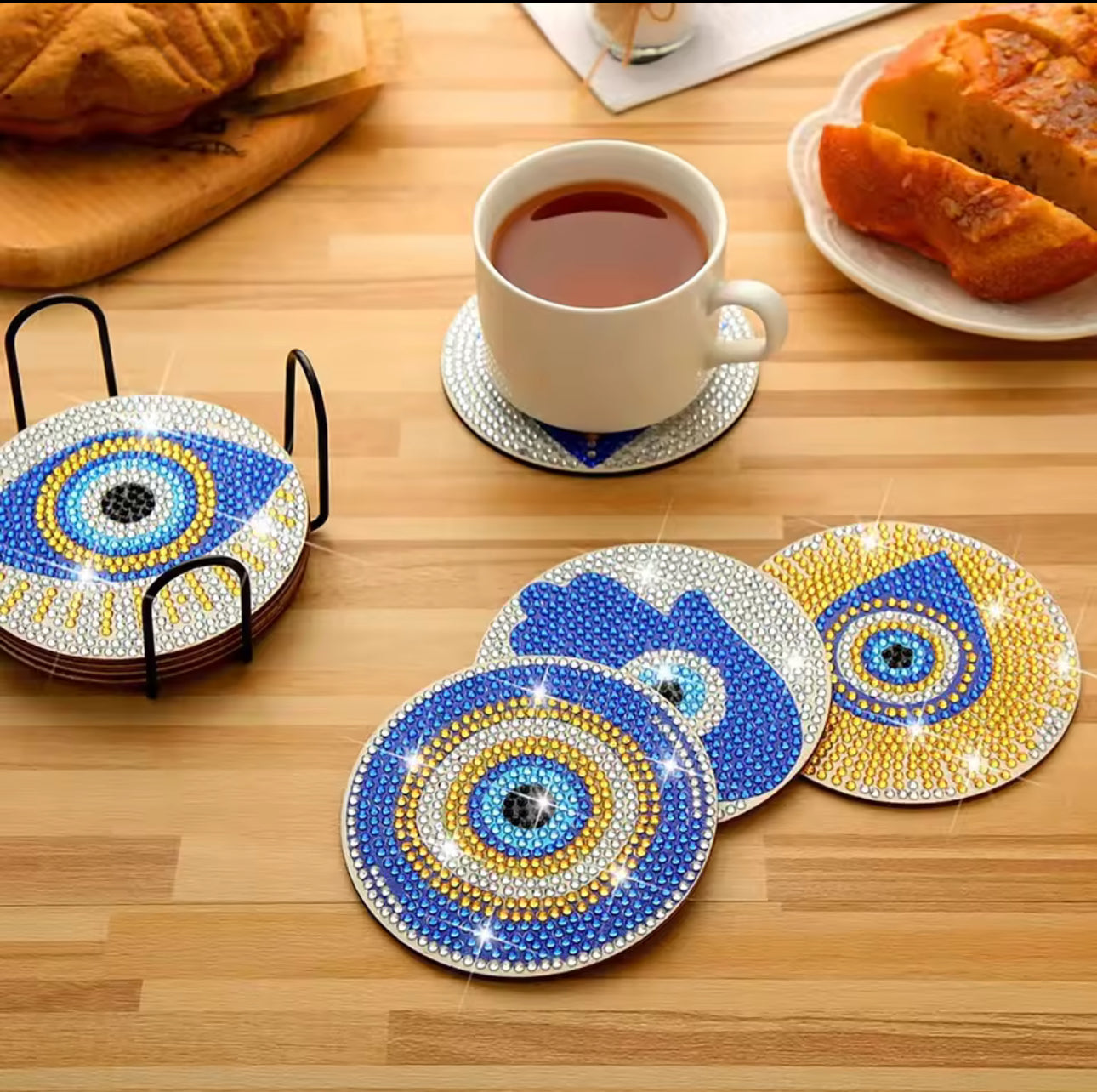 🧿 Porta-Copos brilho ponto Olho Grego (8 peças + Suporte) – Monte Você Mesmo!