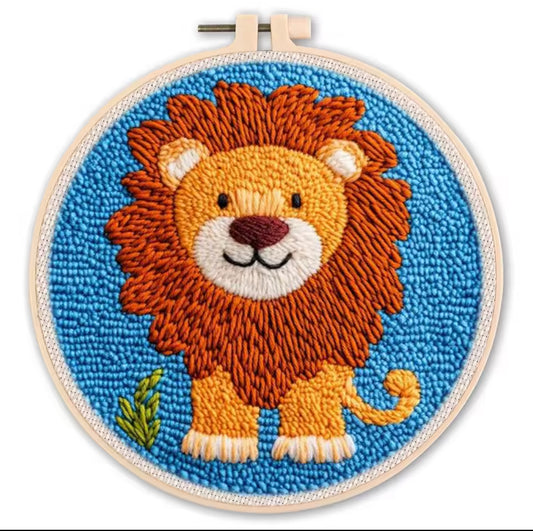 Kit Punch Needle Completo leao- Bordado Corgi para Iniciantes com Agulha, Bastidor, Linhas e Tecido Estampado