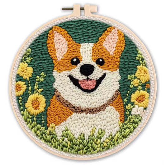 Kit Punch Needle Completo - Bordado Corgi para Iniciantes com Agulha, Bastidor, Linhas e Tecido Estampado