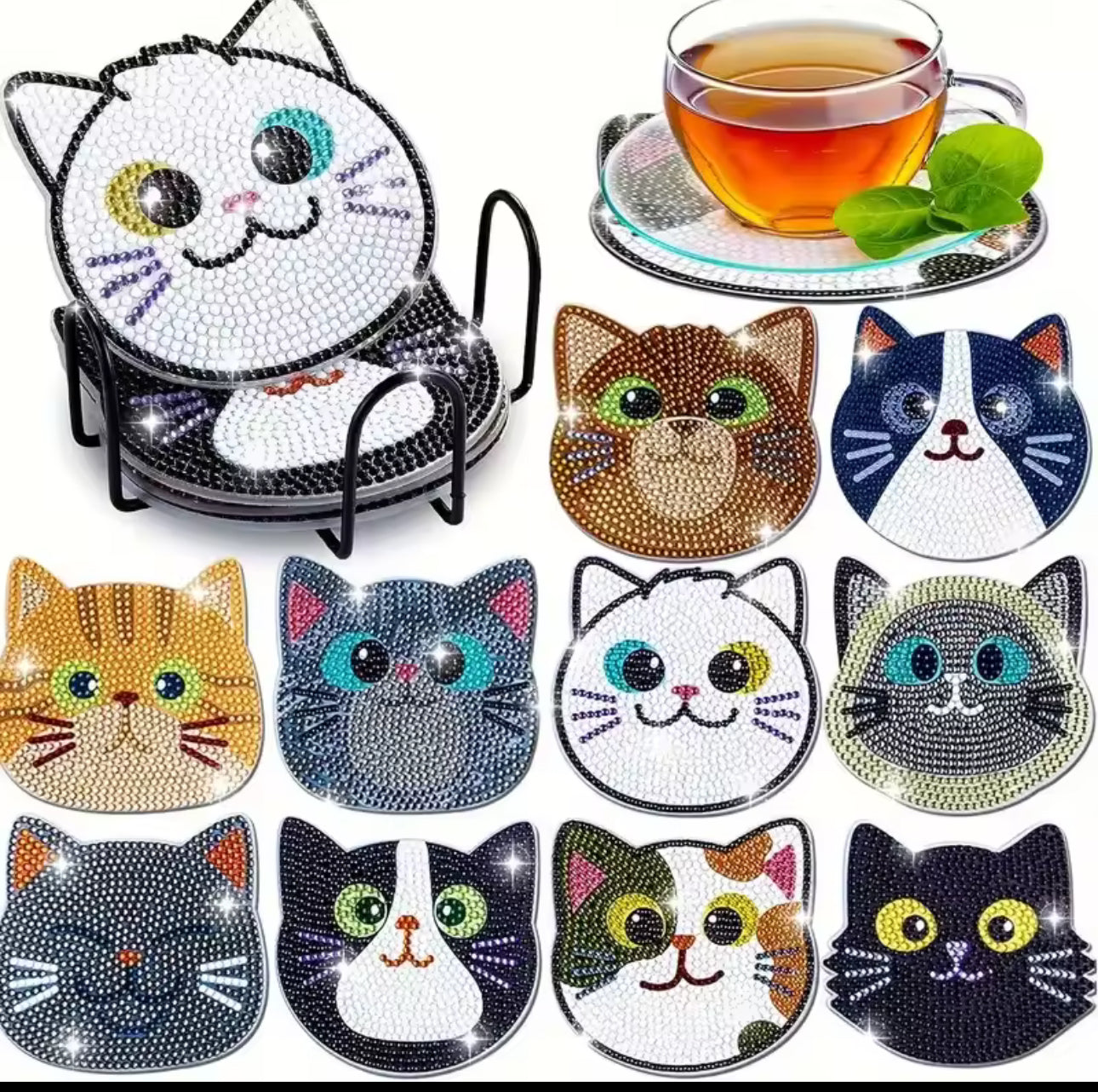 😻 Porta-Copos Gatinhos Brilhantes – técnica brilho ponto Kit DIY com 10 Modelos + Suporte