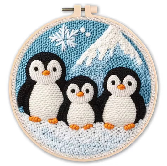 Kit Punch Needle Completo pinguims- Bordado Corgi para Iniciantes com Agulha, Bastidor, Linhas e Tecido Estampado