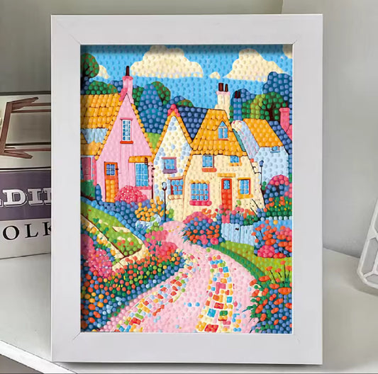 🏡 Quadro Diamond Painting Vila Colorida com Moldura – Arte Decorativa Feita à Mão ✨