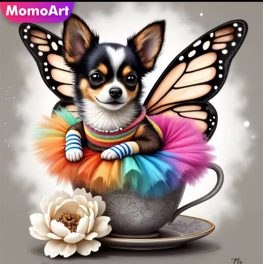 Quadro Cachorrinho Borboleta – Pintura Diamante 30x30cm | Arte DIY com Strass