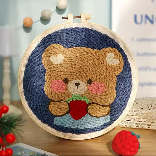 Kit Punch Needle Completo  urso meigo- Bordado Corgi para Iniciantes com Agulha, Bastidor, Linhas e Tecido Estampado
