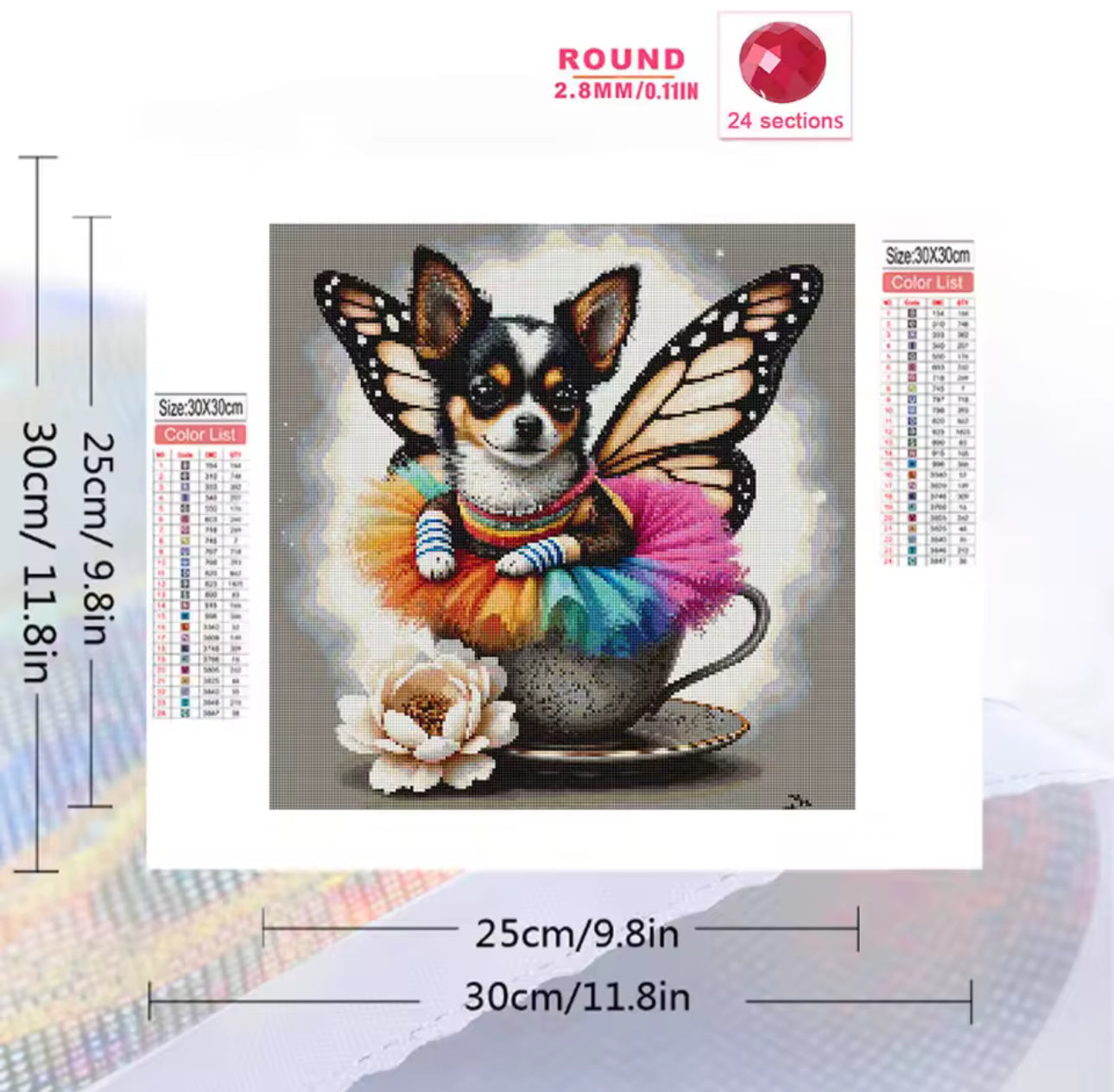 Quadro Cachorrinho Borboleta – Pintura Diamante 30x30cm | Arte DIY com Strass