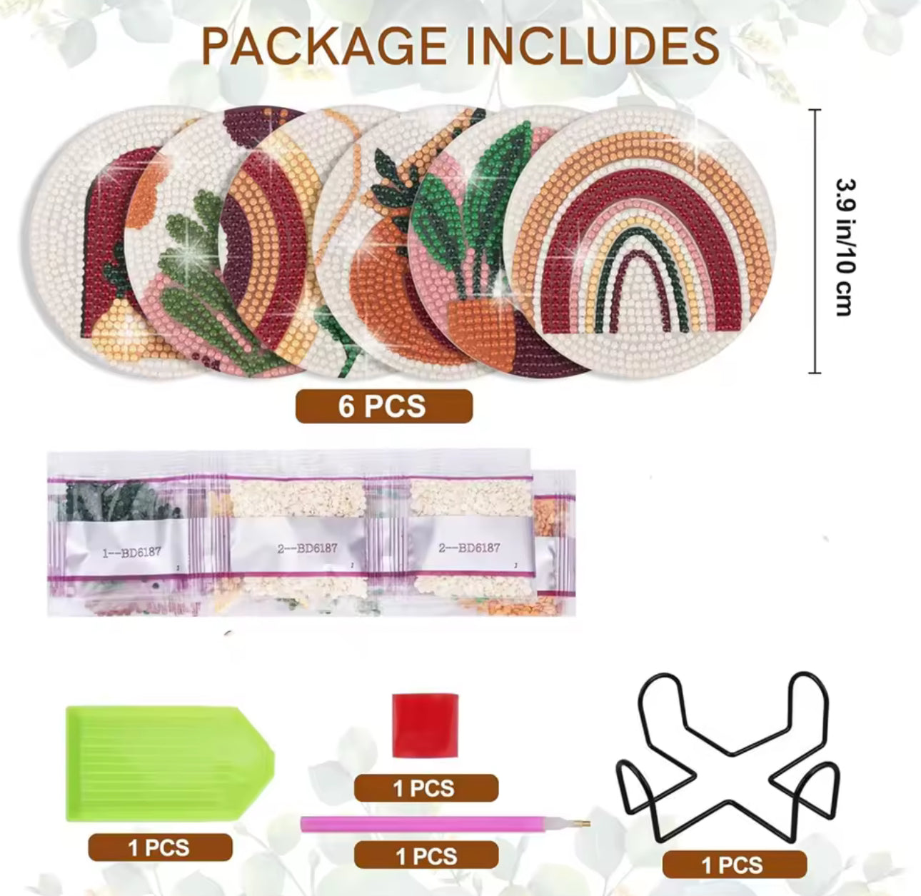 ☕ Kit Porta-Copos Decorativos em Diamond Painting – 6 Peças com Suporte Metálico ✨