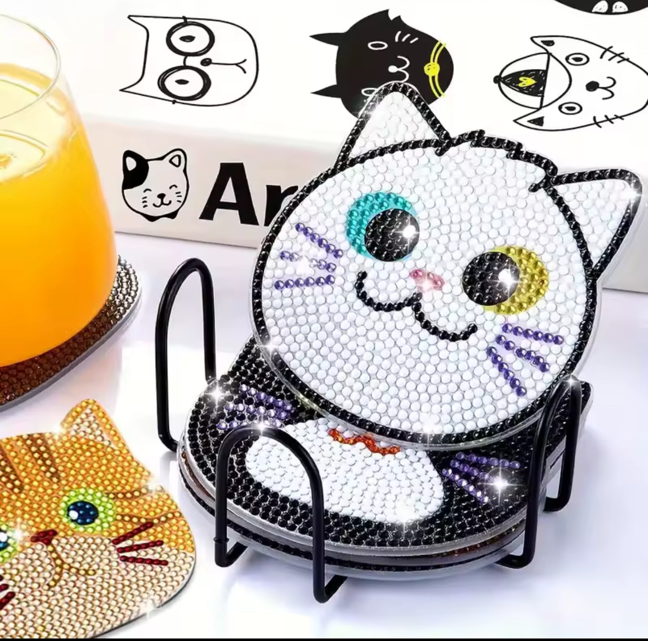 😻 Porta-Copos Gatinhos Brilhantes – técnica brilho ponto Kit DIY com 10 Modelos + Suporte