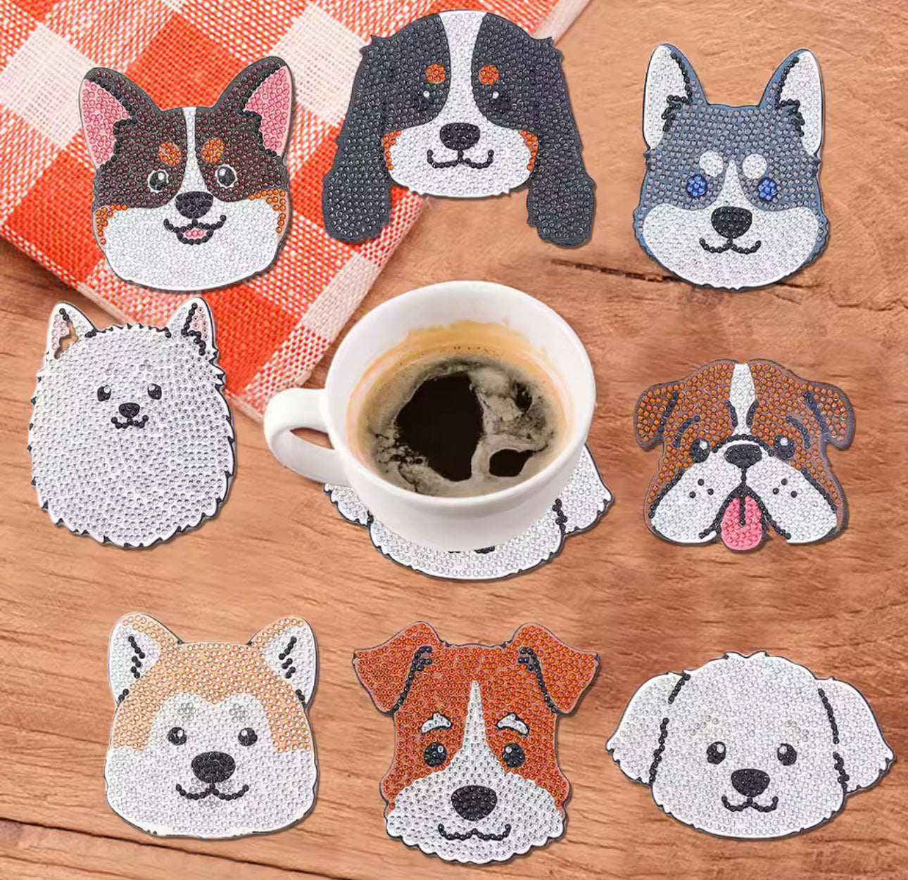 🐶 Porta-Copos brilho ponto Cãezinhos – Kit com 8 Unidades + Ferramentas