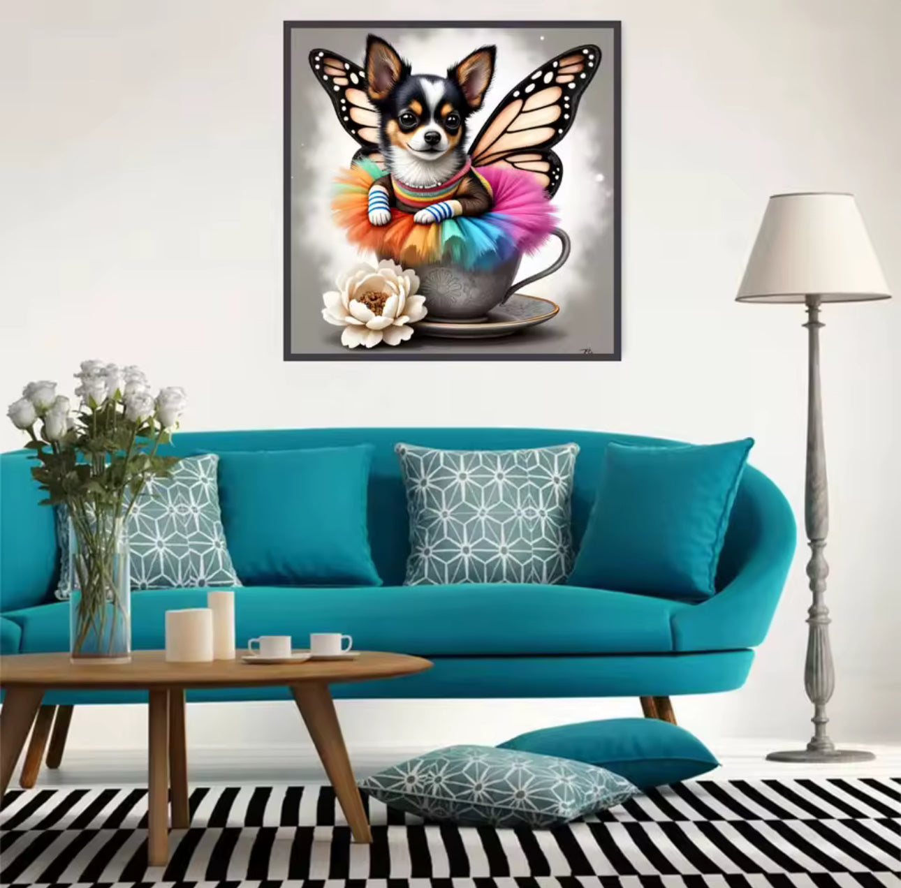 Quadro Cachorrinho Borboleta – Pintura Diamante 30x30cm | Arte DIY com Strass