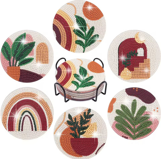 ☕ Kit Porta-Copos Decorativos em Diamond Painting – 6 Peças com Suporte Metálico ✨