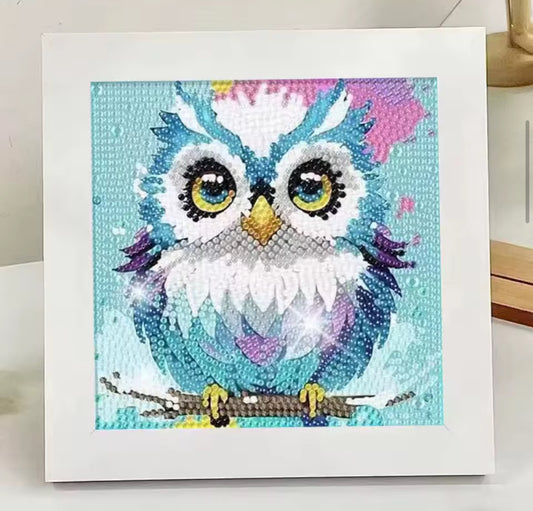 Quadro Coruja em Pintura brilho ponto – Moldura Inclusa | Kit Infantil DIY 15x15cm