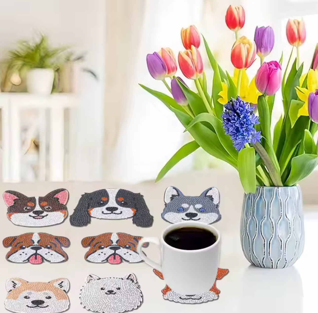 🐶 Porta-Copos brilho ponto Cãezinhos – Kit com 8 Unidades + Ferramentas