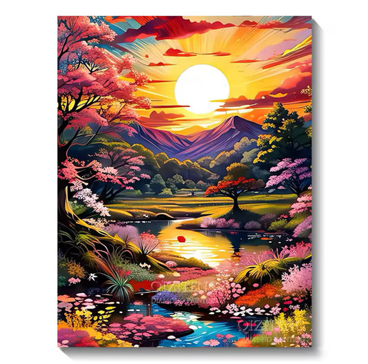🌇 Quadro brilho ponto Pôr do Sol Colorido com Paisagem Florada – 30x40cm | Arte Brilhante e Emocionante ✨