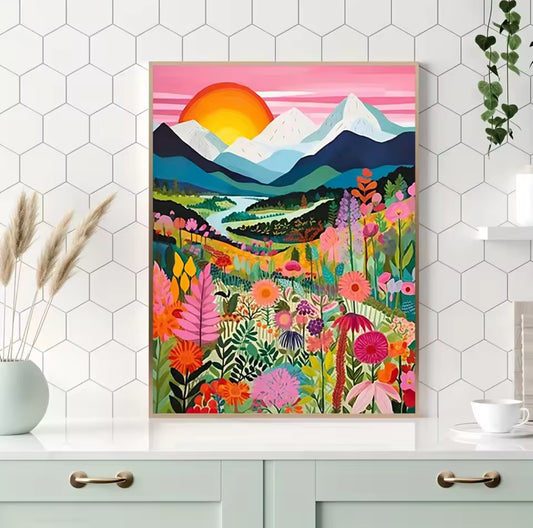 🌄 Quadro Diamond Painting Paisagem Montanhosa com Campo de Flores – Nível Avançado de Detalhes! 🎨✨