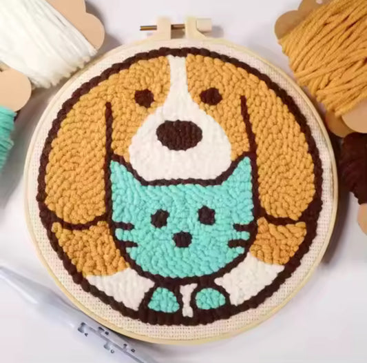 Kit Punch Needle Completo cachorro e gato - Bordado Corgi para Iniciantes com Agulha, Bastidor, Linhas e Tecido Estampado