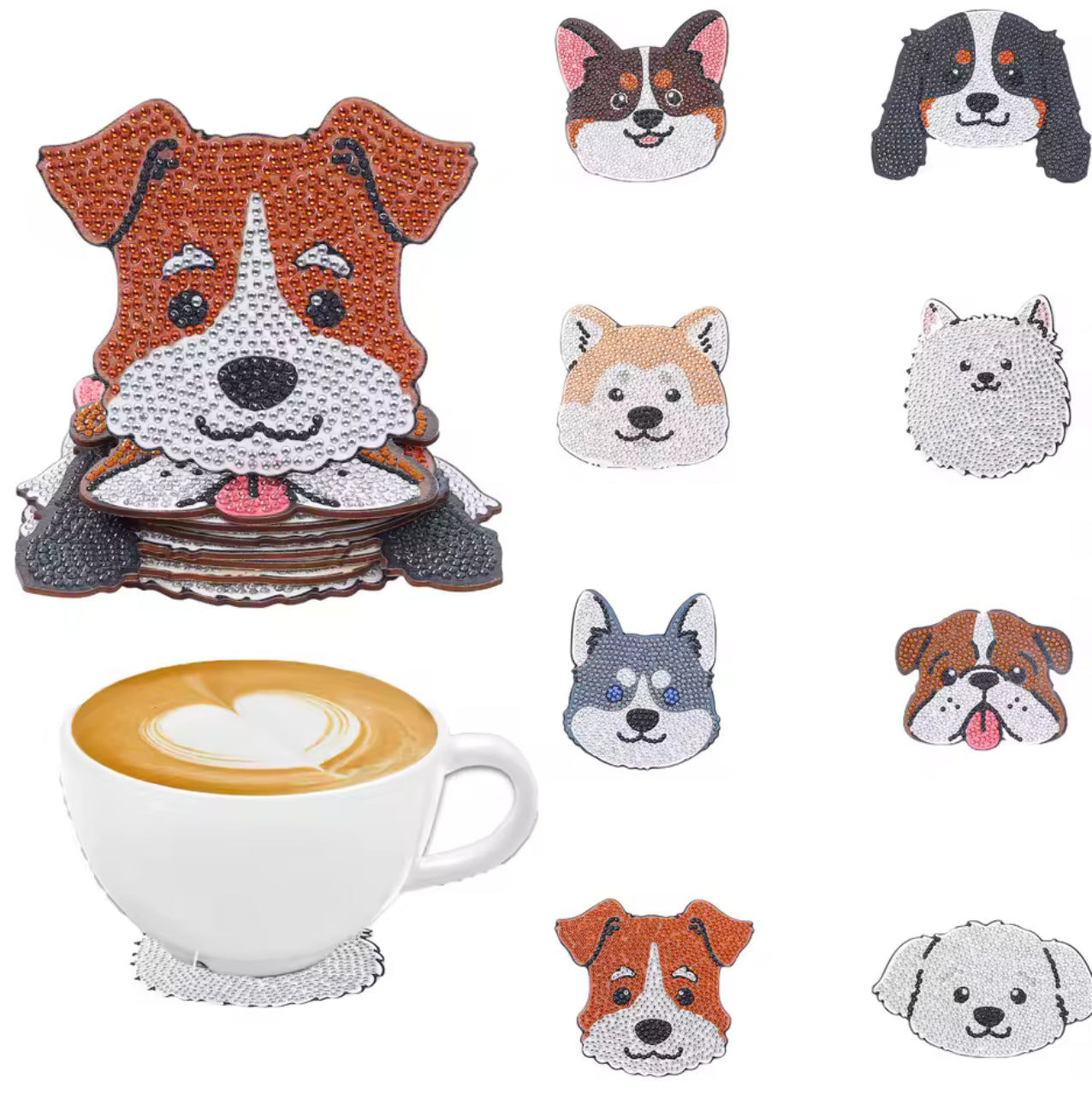 🐶 Porta-Copos brilho ponto Cãezinhos – Kit com 8 Unidades + Ferramentas