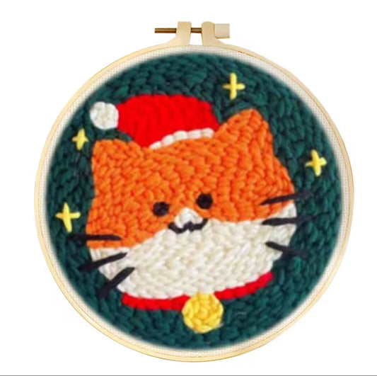 Kit Punch Needle Completo gato no natal - Bordado Corgi para Iniciantes com Agulha, Bastidor, Linhas e Tecido Estampado