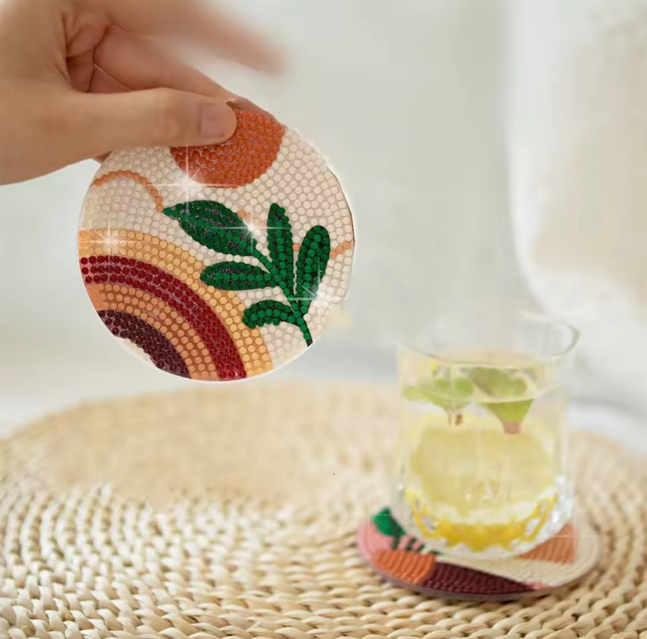 ☕ Kit Porta-Copos Decorativos em Diamond Painting – 6 Peças com Suporte Metálico ✨